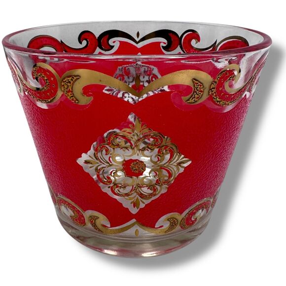 Vintage MCM Culver Starlyte Red Gold Ice Bucket 6" Round Filigree Glassware - Picture 1 of 7